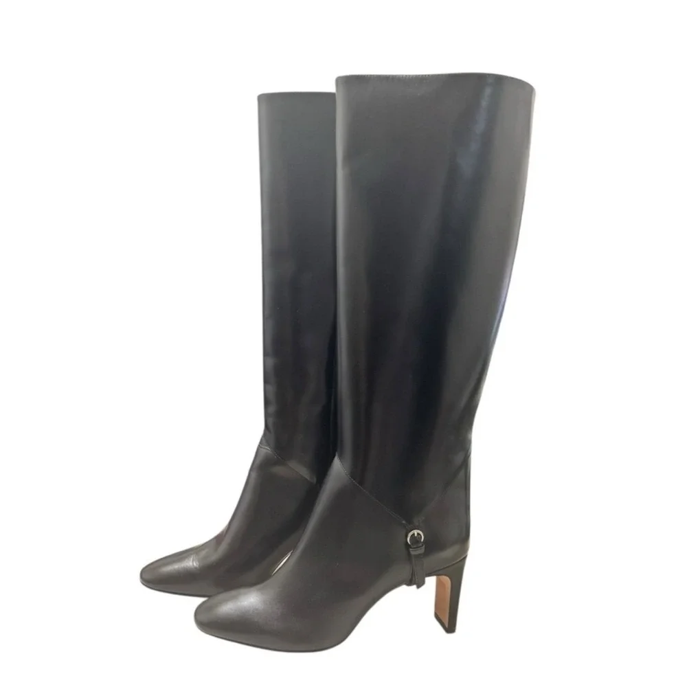 New Reformation Gaelle Knee Boots Sz 9 Black Leather New Buckle Detail Tall Heel